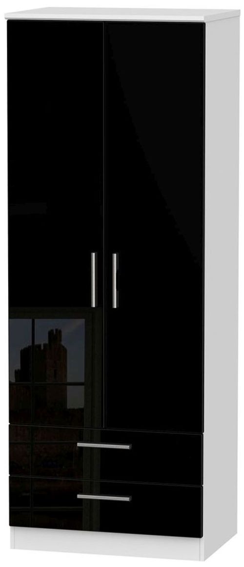 Knightsbridge Black Gloss and White 2 Door 2 Drawer Tall Wardrobe