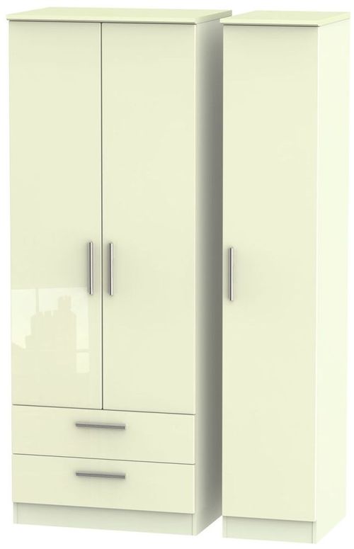 Knightsbridge Cream Gloss 3 Door Tall Triple Wardrobe - LHF 2 Drawers