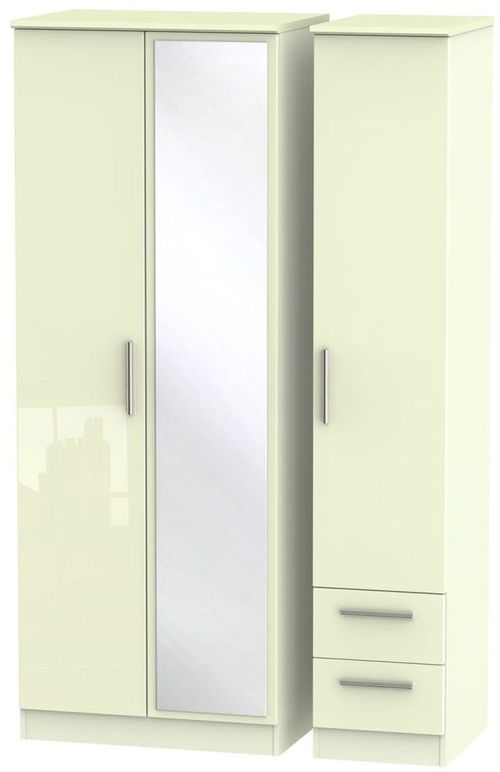 Knightsbridge Cream Gloss 3 Door Tall Combi Wardrobe - 1 Mirror and RHF 2 Drawers