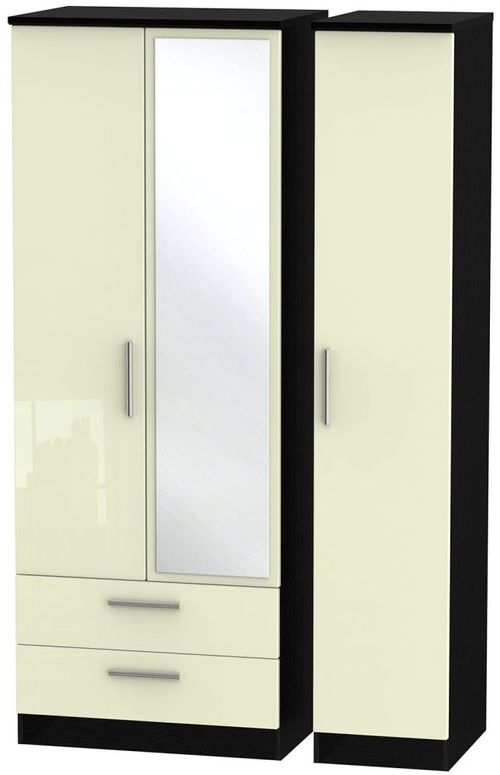 Knightsbridge Cream Gloss and Black 3 Door Tall Combi Wardrobe - 1 Mirror and LHF 2 Drawers