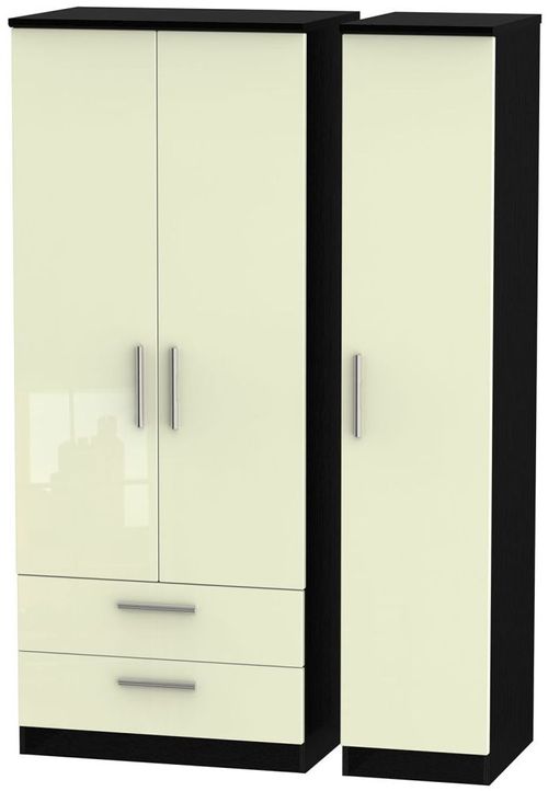 Knightsbridge Cream Gloss and Black 3 Door Triple Wardrobe - LHF 2 Drawers
