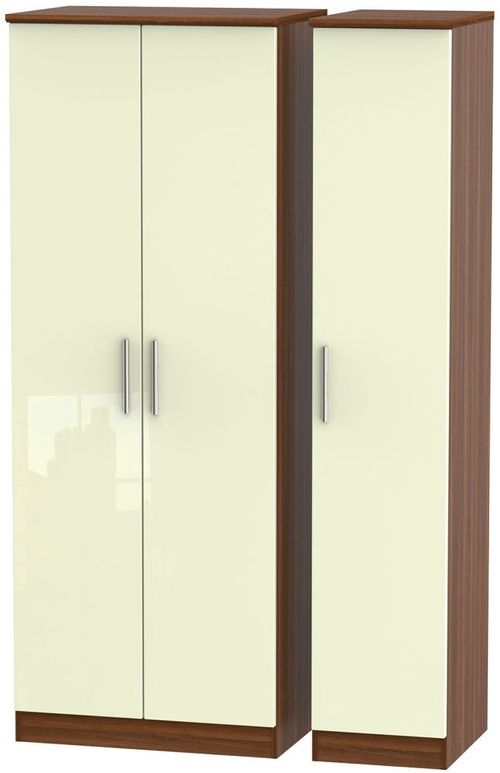 Knightsbridge Cream Gloss and Walnut Effect 3 Door Tall Triple Wardrobe