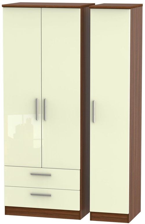 Knightsbridge Cream Gloss and Walnut Effect 3 Door Tall Triple Wardrobe - LHF 2 Drawers