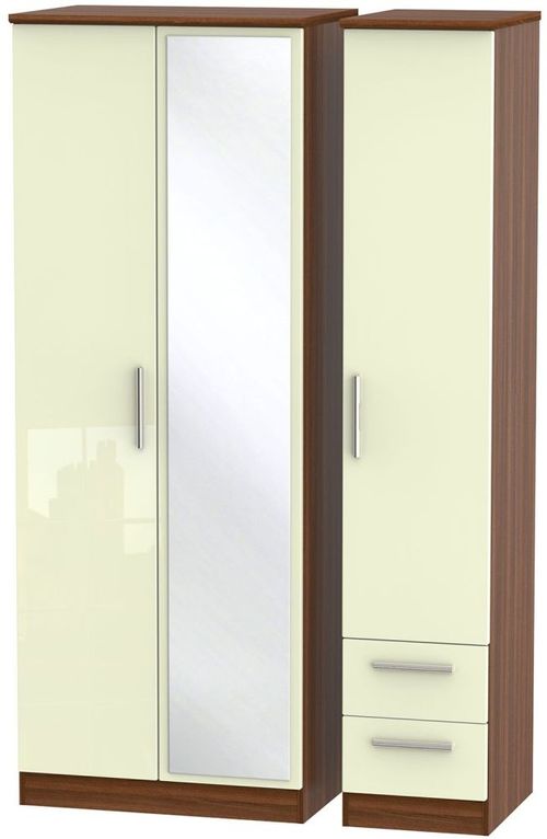 Knightsbridge Cream Gloss and Walnut Effect 3 Door Tall Combi Wardrobe - 1 Mirror and RHF 2 Drawers