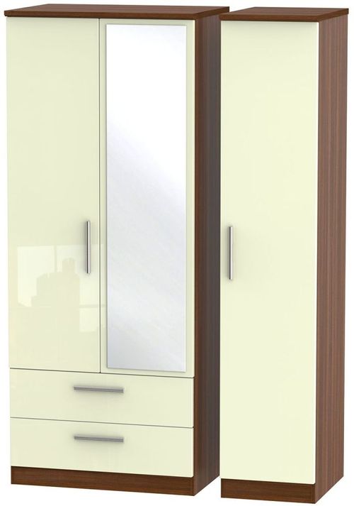 Knightsbridge Cream Gloss and Walnut Effect 3 Door Combi Wardrobe - 1 Mirror and LHF 2 Drawers