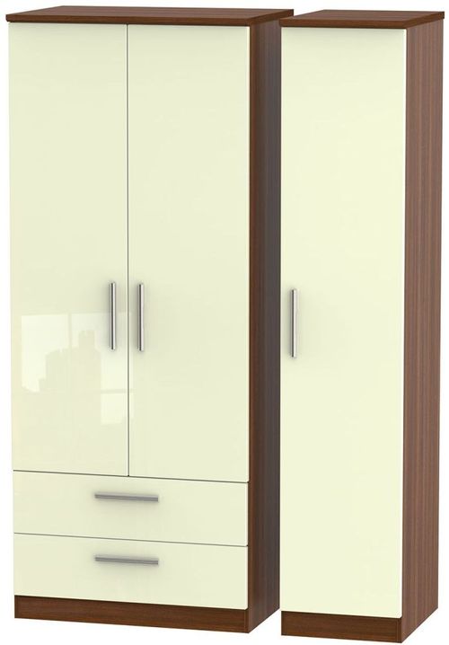 Knightsbridge Cream Gloss and Walnut Effect 3 Door Triple Wardrobe - LHF 2 Drawers