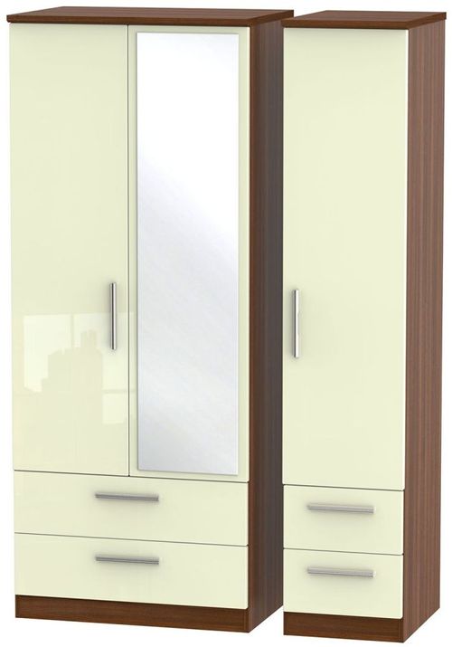 Knightsbridge Cream Gloss and Walnut Effect 3 Door Combi Wardrobe - 1 Mirror