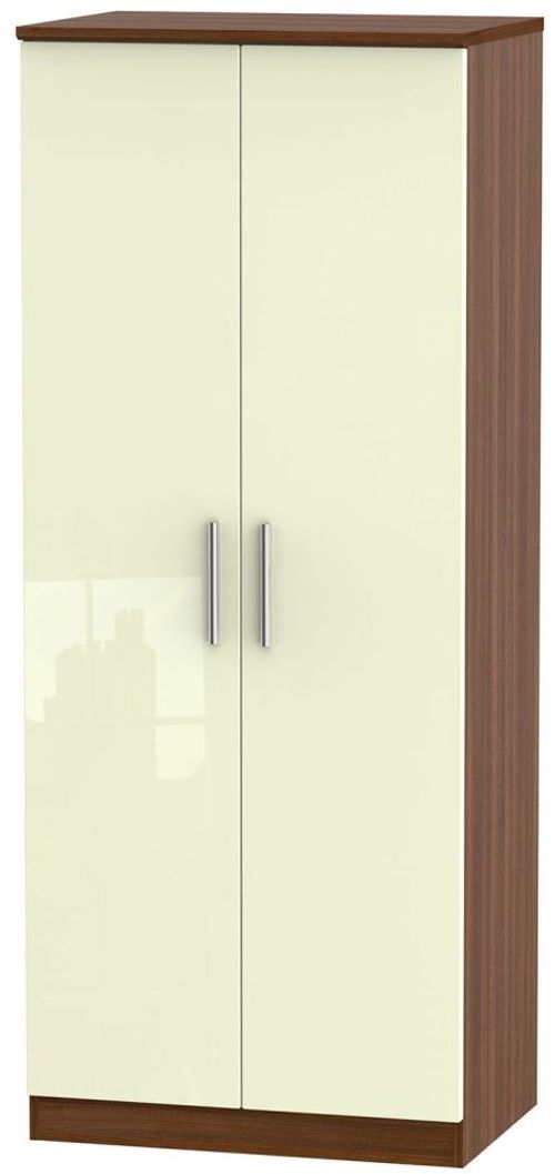 Knightsbridge Cream Gloss and Walnut Effect 2 Door Plain Wardrobe
