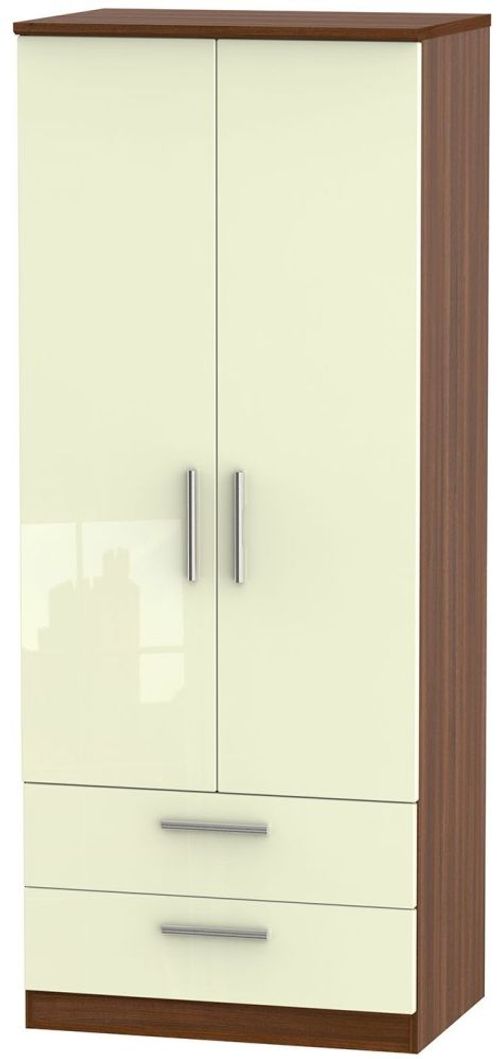 Knightsbridge Cream Gloss and Walnut Effect 2 Door 2 Drawer Double Wardrobe