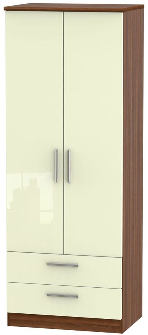Knightsbridge Cream Gloss and Walnut Effect 2 Door 2 Drawer Tall Wardrobe