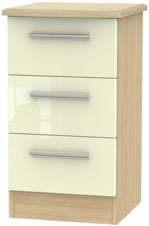 Knightsbridge Cream Gloss and Light Oak 3 Drawer Beside Cabinet