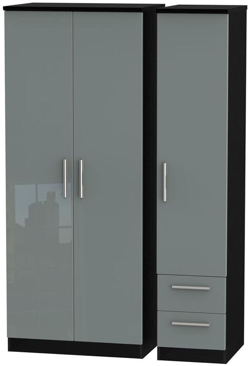 Knightsbridge Grey Gloss and Black 3 Door Triple Wardrobe - RHF 2 Drawers