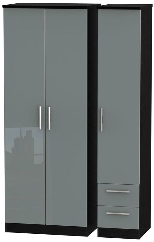 Knightsbridge Grey Gloss and Black 3 Door Tall Triple Wardrobe - RHF 2 Drawers