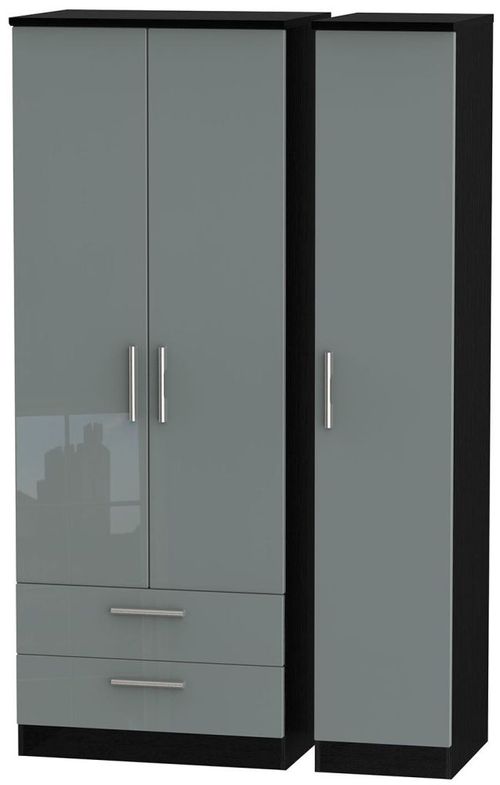 Knightsbridge Grey Gloss and Black 3 Door Tall Triple Wardrobe - LHF 2 Drawers