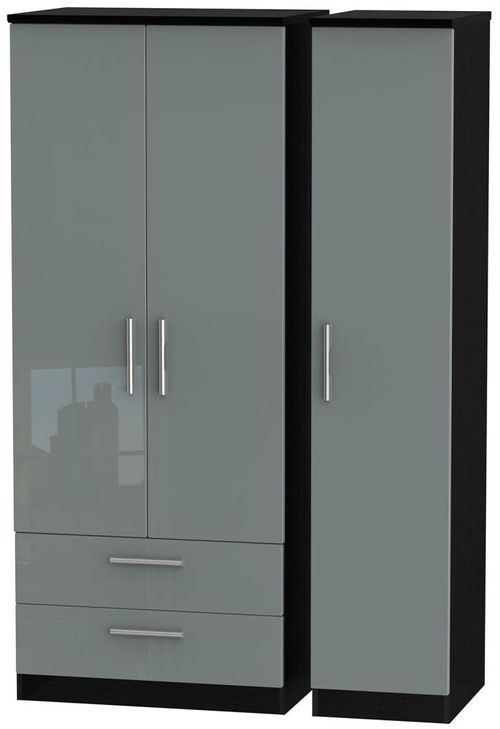 Knightsbridge Grey Gloss and Black 3 Door Triple Wardrobe - LHF 2 Drawers