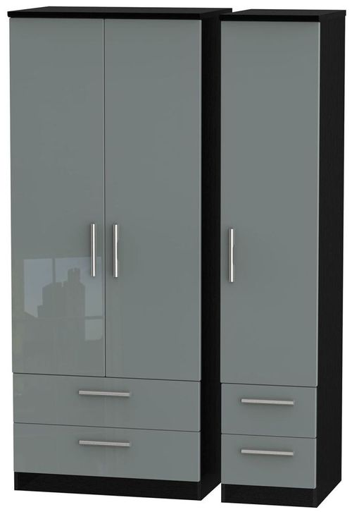 Knightsbridge Grey Gloss and Black 3 Door Triple Wardrobe - 4 Drawers