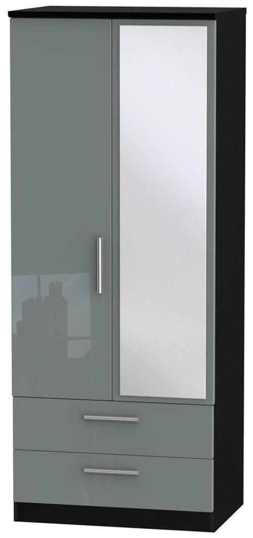 Knightsbridge Grey Gloss and Black 2 Door Combi Wardrobe - 1 Mirror