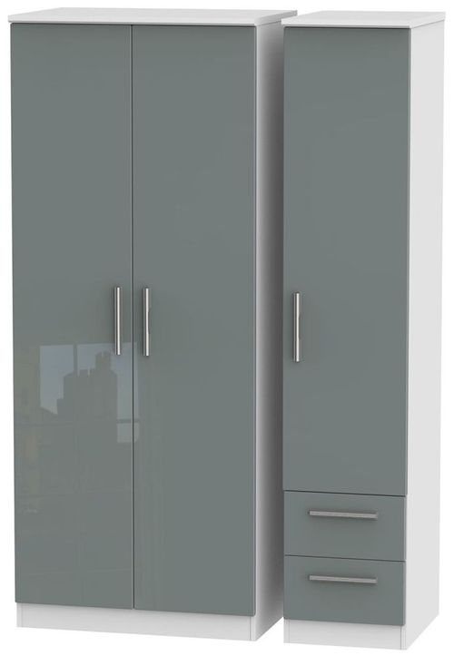 Knightsbridge Grey Gloss and White 3 Door Triple Wardrobe - RHF 2 Drawers