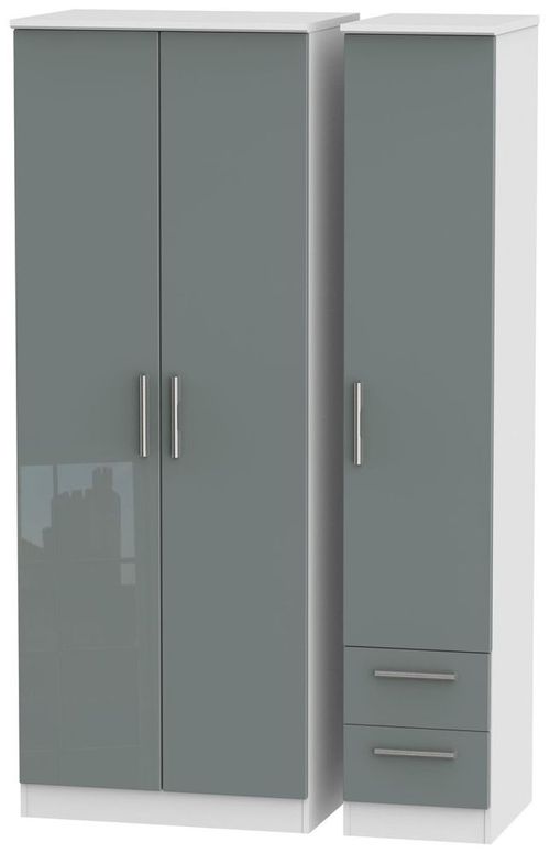 Knightsbridge Grey Gloss and White 3 Door Tall Triple Wardrobe - RHF 2 Drawers