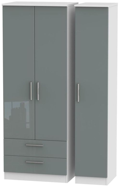 Knightsbridge Grey Gloss and White 3 Door Tall Triple Wardrobe - LHF 2 Drawers