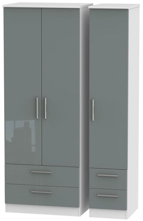 Knightsbridge Grey Gloss and White 3 Door Tall Triple Wardrobe - 4 Drawers