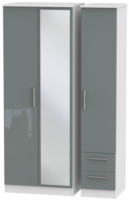 Knightsbridge Grey Gloss and White 3 Door Tall Combi Wardrobe - 1 Mirror and RHF 2 Drawers