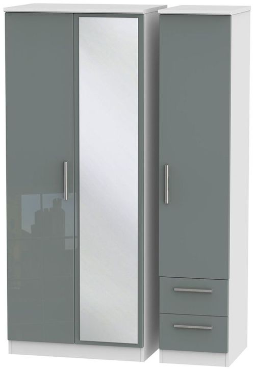 Knightsbridge Grey Gloss and White 3 Door Combi Wardrobe - 1 Mirror and RHF 2 Drawers