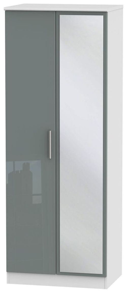Knightsbridge Grey Gloss and White 2 Door Tall Wardrobe - 1 Mirror