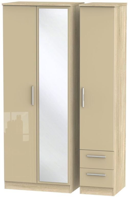 Knightsbridge Mushroom and Oak Effect 3 Door Tall Combi Wardrobe - 1 Mirror and RHF 2 Drawers