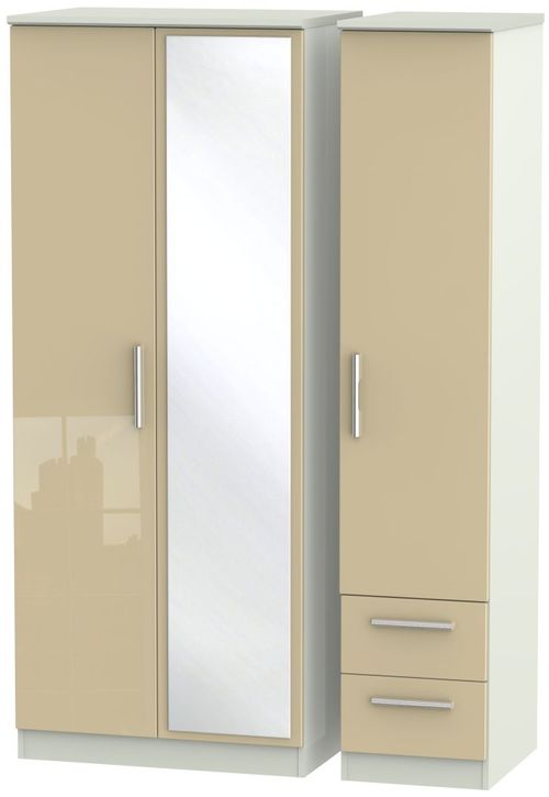 Knightsbridge Mushroom and Cashmere Matt 3 Door Combi Wardrobe - 1 Mirror and RHF 2 Drawers