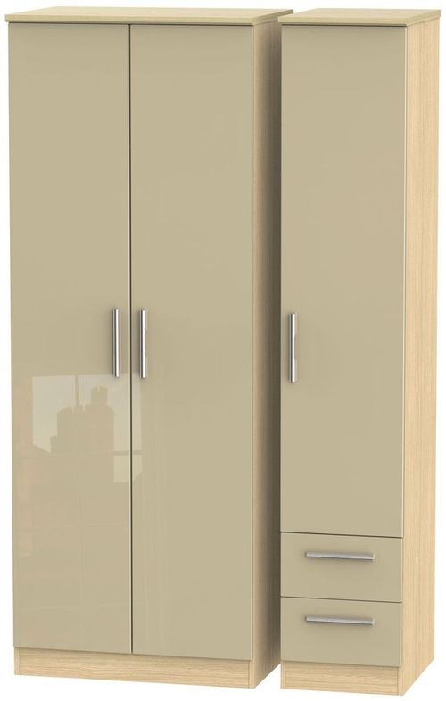 Knightsbridge Mushroom and Light Oak 3 Door Tall Triple Wardrobe - RHF 2 Drawers