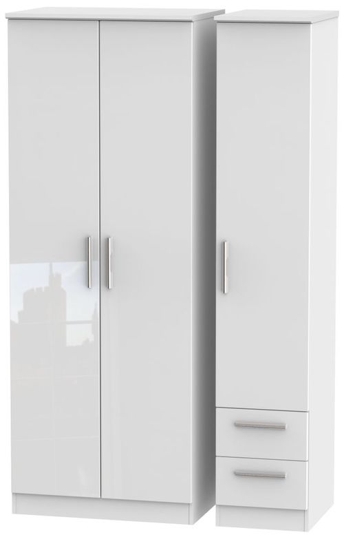 Knightsbridge White Gloss 3 Door Tall Triple Wardrobe - RHF 2 Drawers