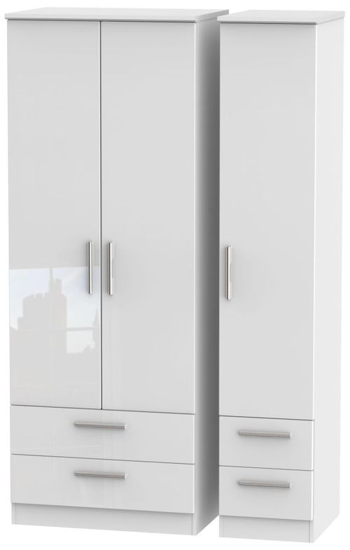 Knightsbridge White Gloss 3 Door Tall Triple Wardrobe - 4 Drawers