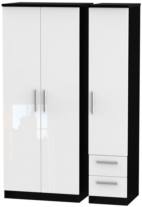 Knightsbridge White Gloss and Black 3 Door Triple Wardrobe - RHF 2 Drawers
