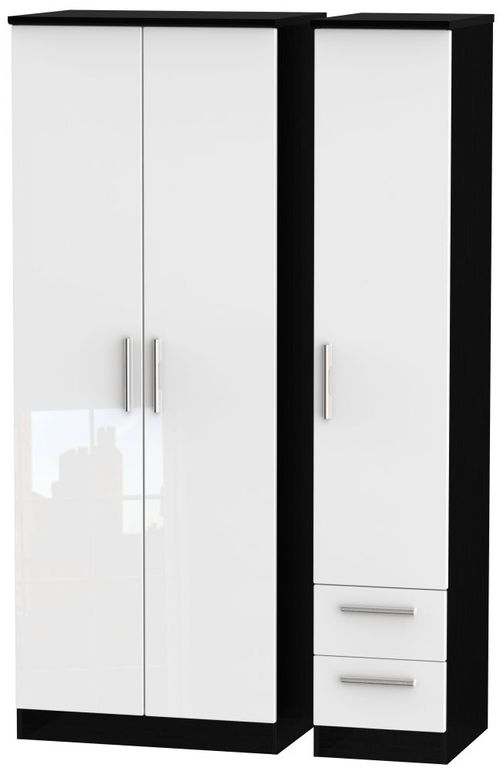 Knightsbridge White Gloss and Black 3 Door Tall Triple Wardrobe - RHF 2 Drawers