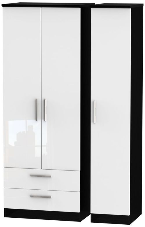 Knightsbridge White Gloss and Black 3 Door Tall Triple Wardrobe - LHF 2 Drawers