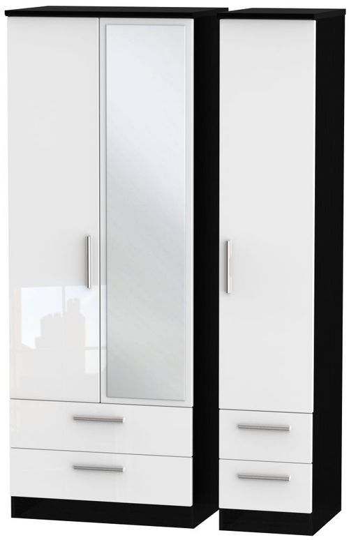 Knightsbridge White Gloss and Black 3 Door Tall Combi Wardrobe - 1 Mirror