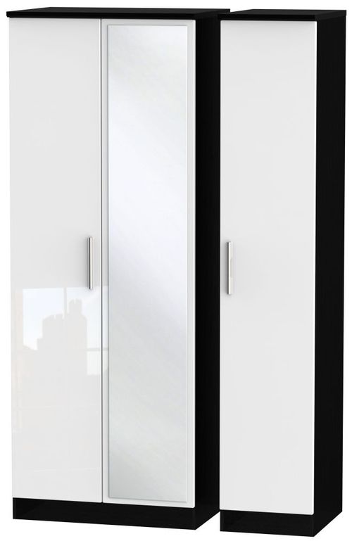 Knightsbridge White Gloss and Black 3 Door Tall Triple Wardrobe - 1 Mirror