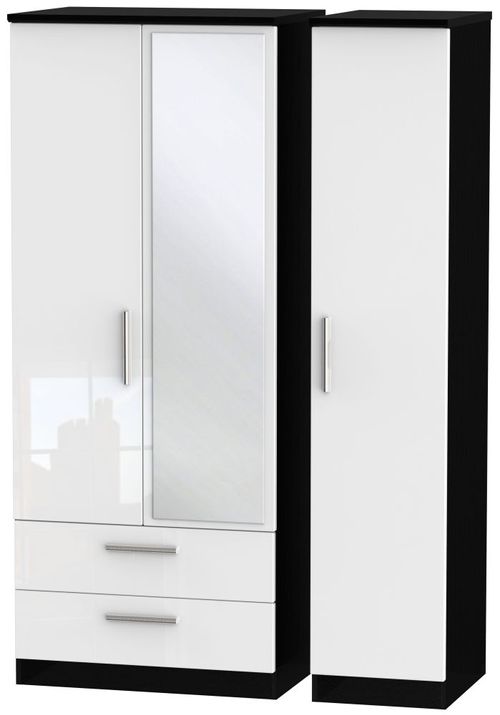 Knightsbridge White Gloss and Black 3 Door Combi Wardrobe - 1 Mirror and LHF 2 Drawers
