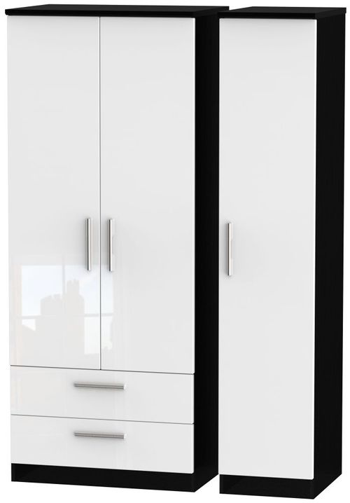 Knightsbridge White Gloss and Black 3 Door Triple Wardrobe - LHF 2 Drawers