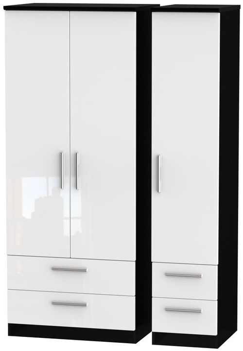 Knightsbridge White Gloss and Black 3 Door Triple Wardrobe - 4 Drawers