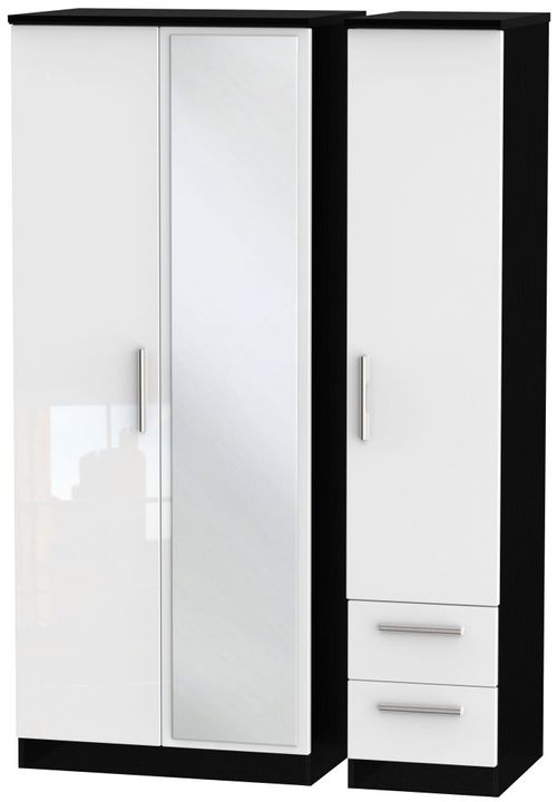 Knightsbridge White Gloss and Black 3 Door Combi Wardrobe - 1 Mirror and RHF 2 Drawers