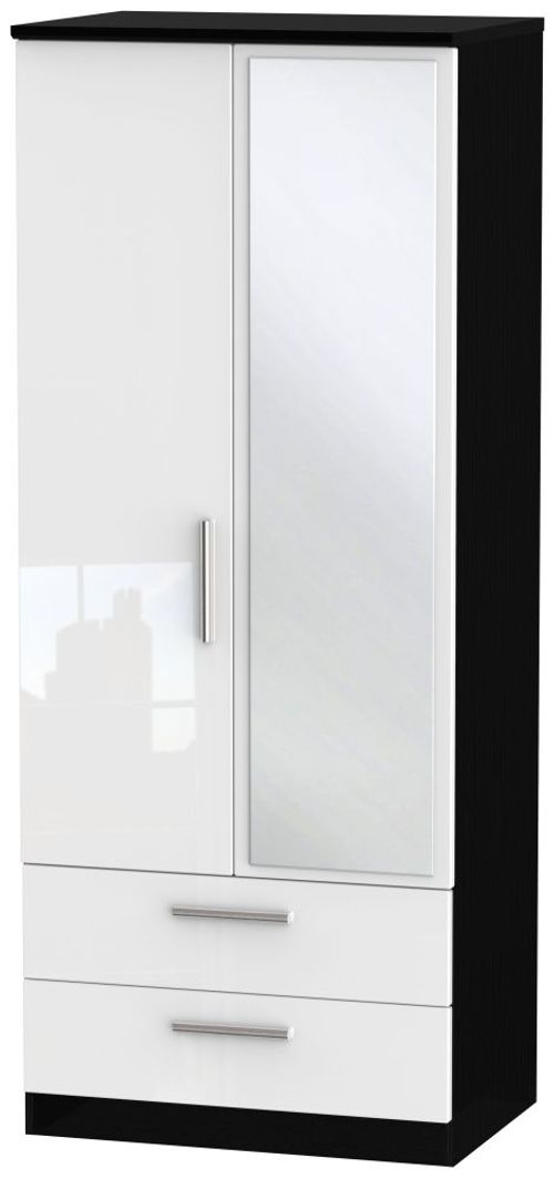 Knightsbridge White Gloss and Black 2 Door Combi Wardrobe - 1 Mirror
