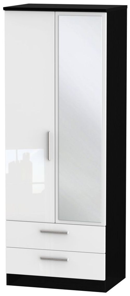 Knightsbridge White Gloss and Black 2 Door Tall Combi Wardrobe - 1 Mirror