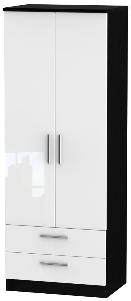 Knightsbridge White Gloss and Black 2 Door 2 Drawer Tall Wardrobe