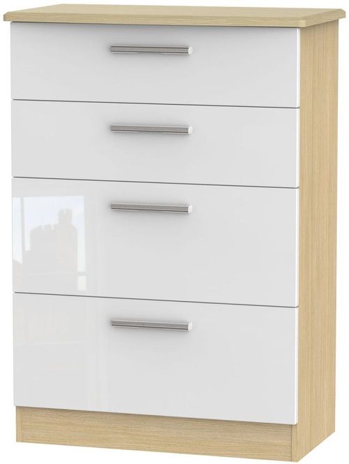 Knightsbridge White Gloss and Light Oak 4 Drawer Deep Chest