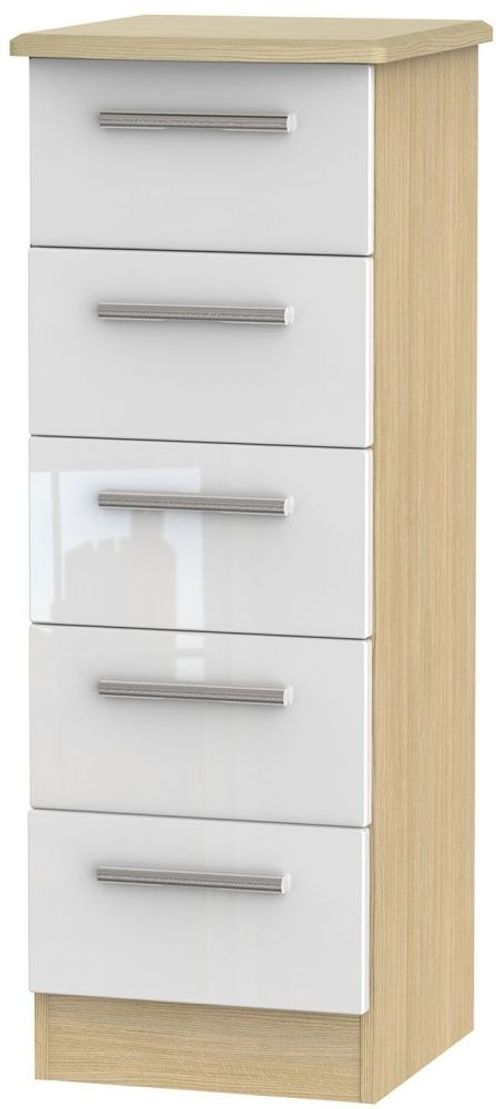 Knightsbridge White Gloss and Light Oak 5 Drawer Narrow Chest