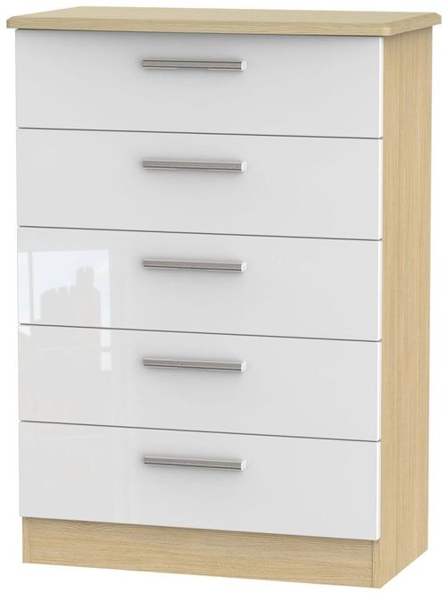 Knightsbridge White Gloss and Light Oak 5 Drawer Chest