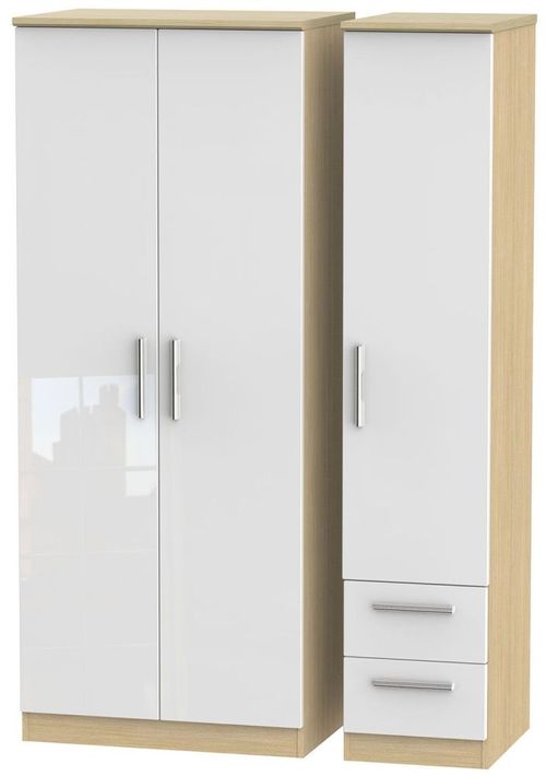Knightsbridge White Gloss and Light Oak 3 Door Triple Wardrobe - RHF 2 Drawers
