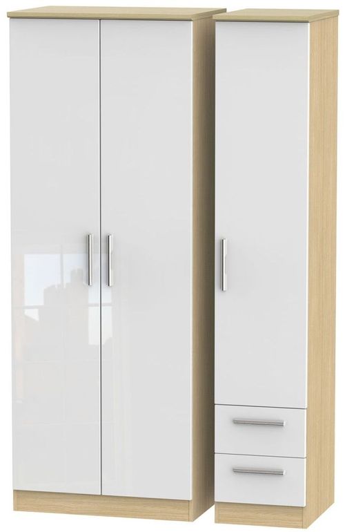 Knightsbridge White Gloss and Light Oak 3 Door Tall Triple Wardrobe - RHF 2 Drawers